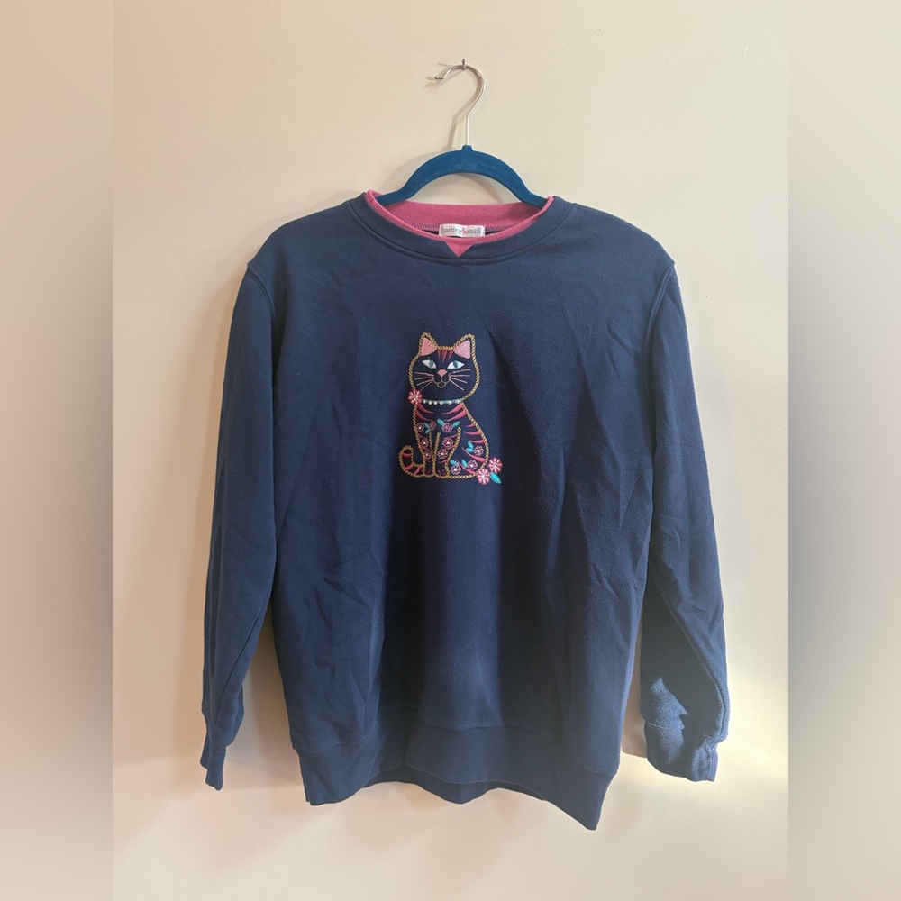 Hasting & Smith Navy Blue Embroidered Cat Long Sleeve Sweater Sweatshirt Top